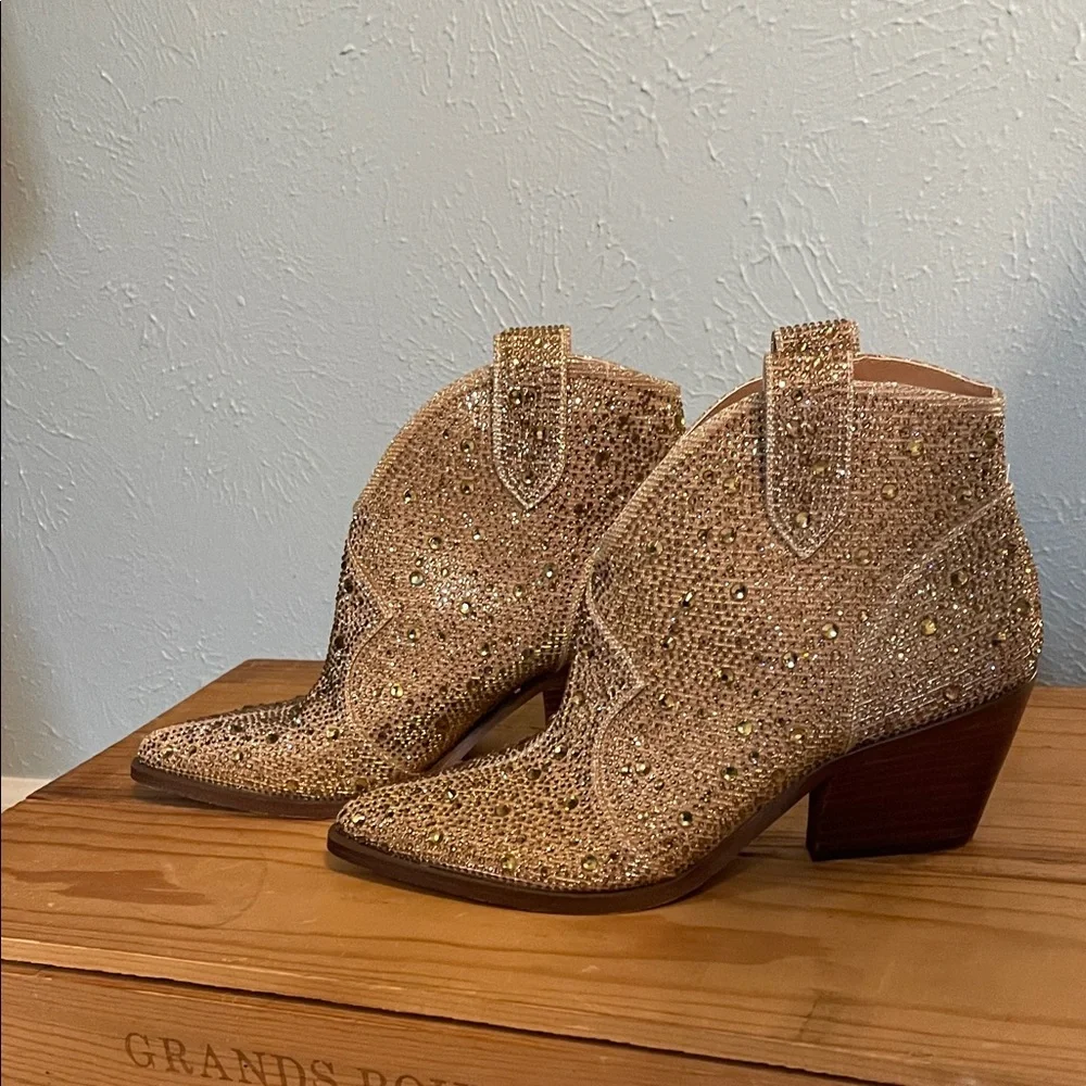 Jessica Simpson Gold/Tan Crystal Western Ankle Boots - Picture 4 of 7